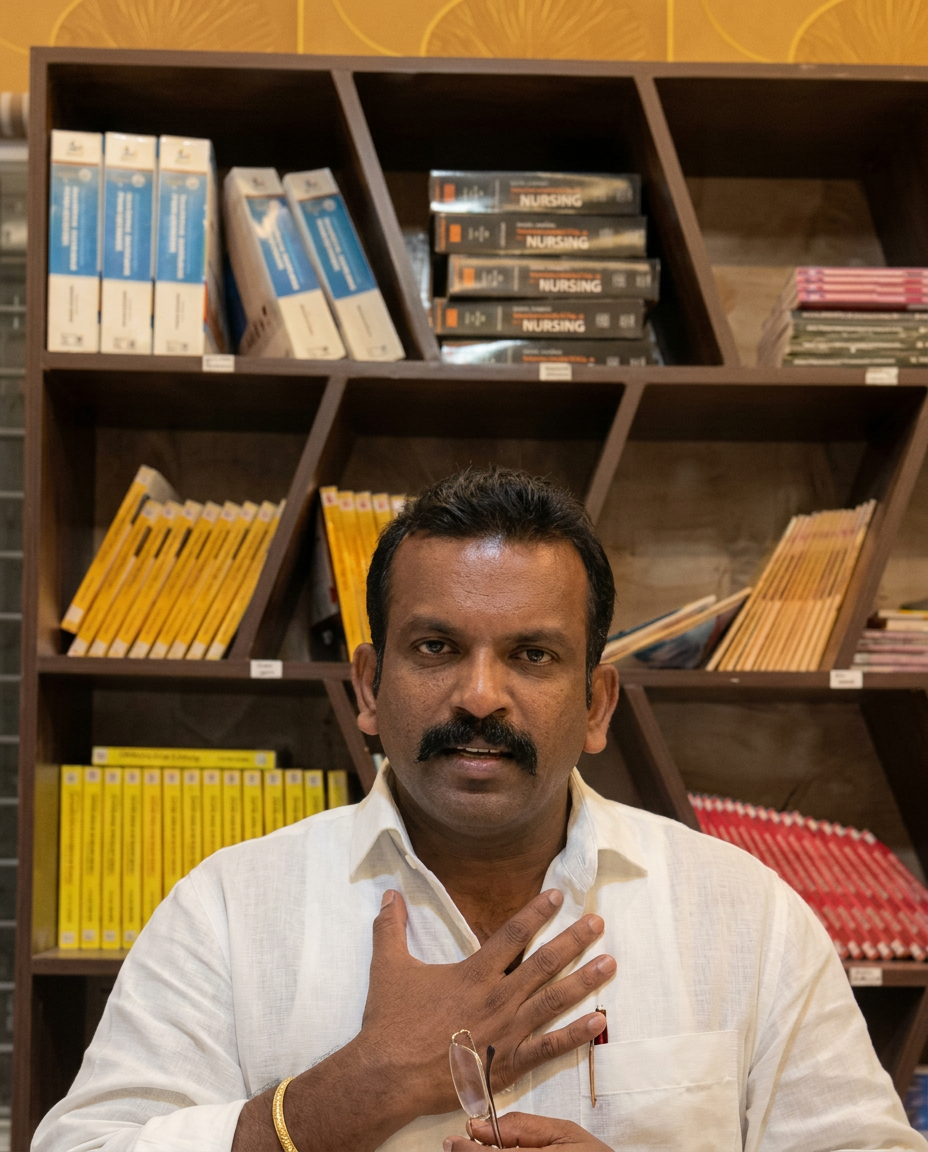 Melbin Michael Arackal speaking in an academic library